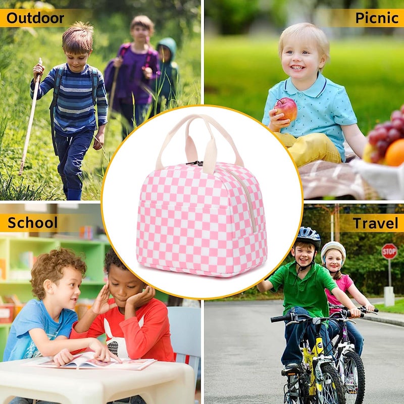 Dezcrab Checkered Lunch Bag for Girls Women  Cute Insulated Leakproof Lunch Box Container Reusable Cooler Lunch Tote Bag for Teens Kids Adults School Travel Picnic (Pink) - Image 5